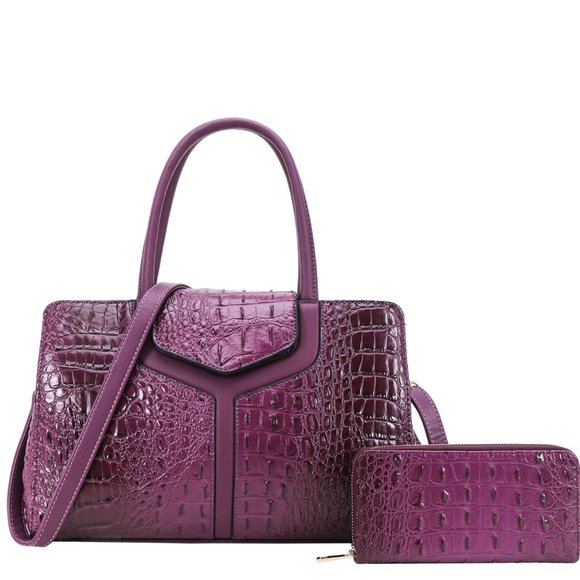 Handbags - Women Purple Crocodile Boston Satchel and Wallet Set